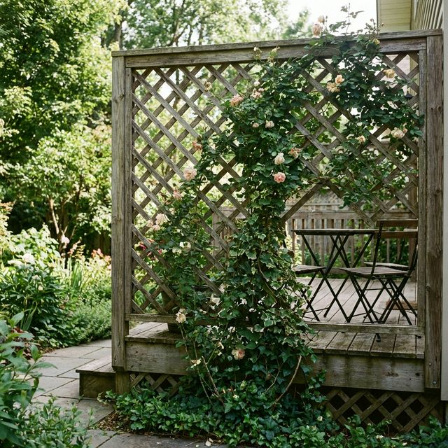 Wooden lattice privacy screen with climbing plants on a deck
