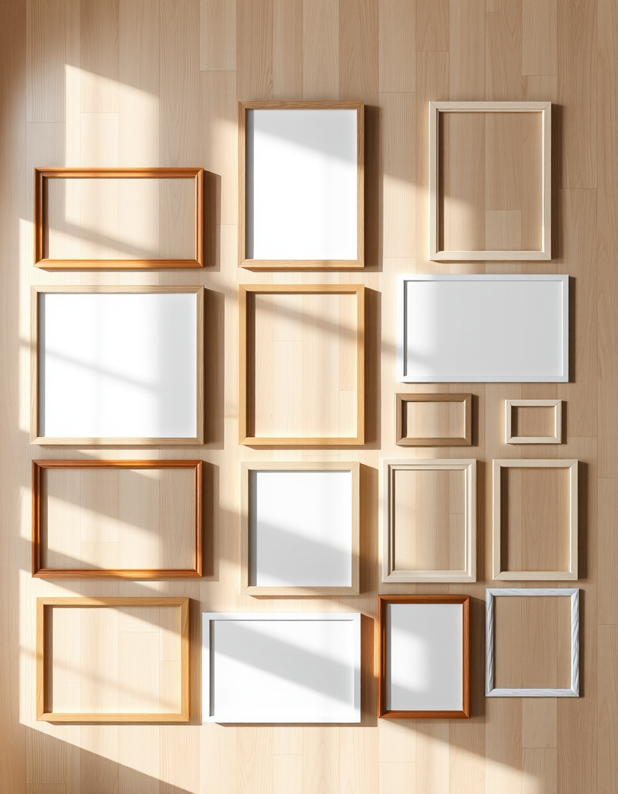 Frames and cut paper templates arranged on the floor to plan the gallery wall layout (AI-generated illustration).