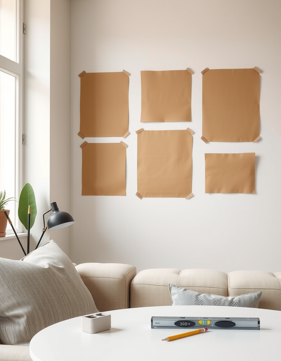 Paper templates taped to the wall in a gallery arrangement with a level, before hanging the frames (AI-generated illustration).