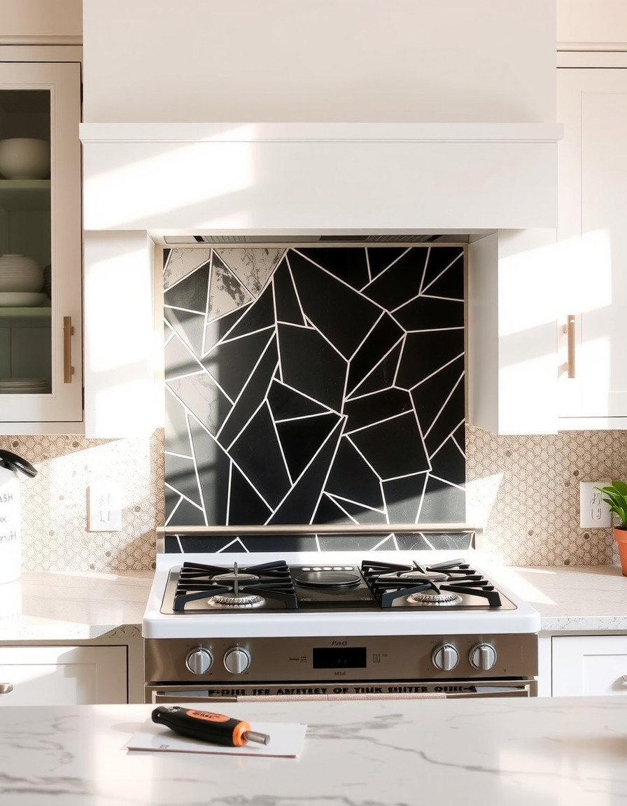Peel-and-stick mosaic tiles half-applied to the wall behind a stove, showing the before-and-after transition (AI-generated illustration).