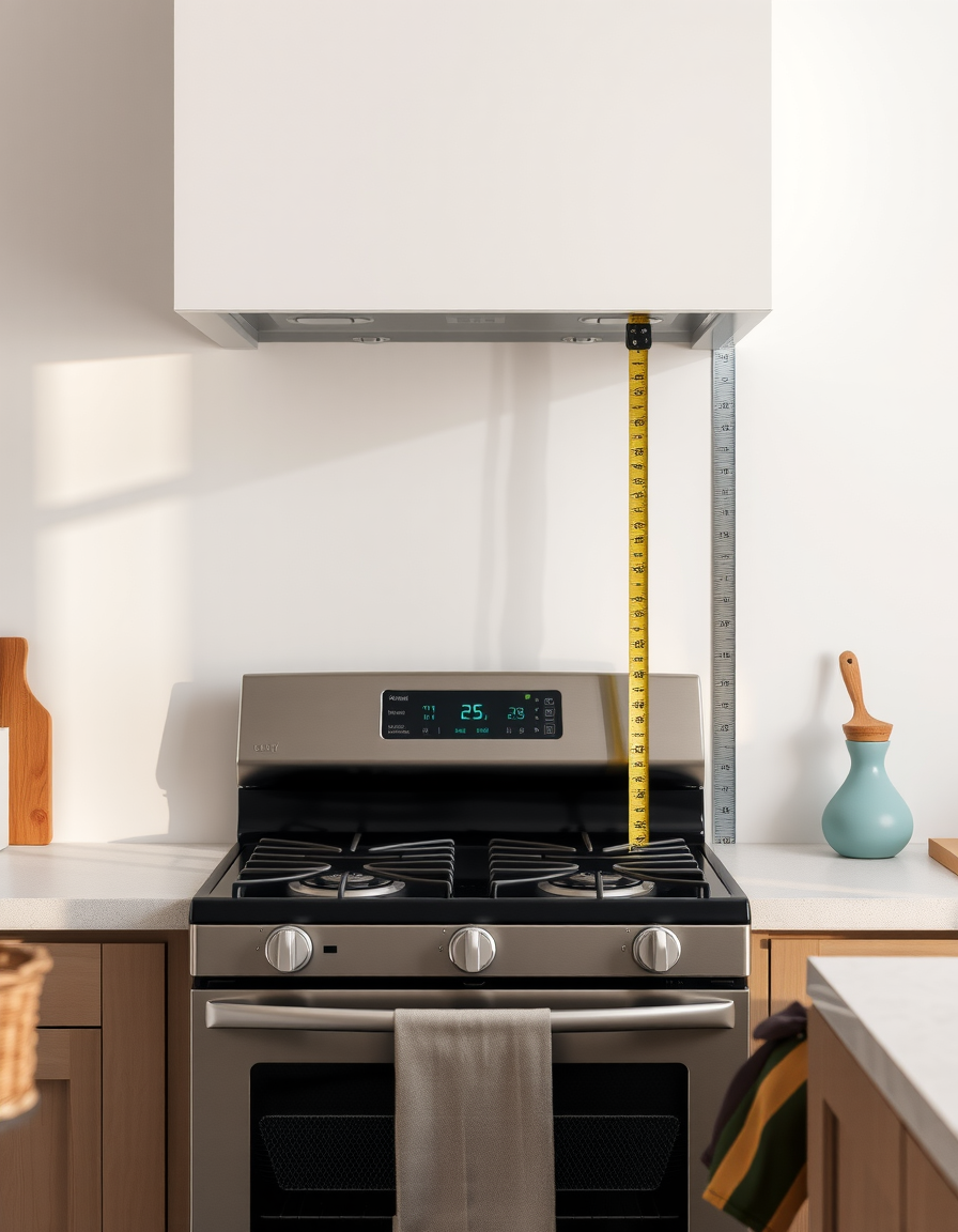 Measuring a blank kitchen backsplash section behind the stove with a tape measure before installing peel-and-stick tile (AI-generated illustration).