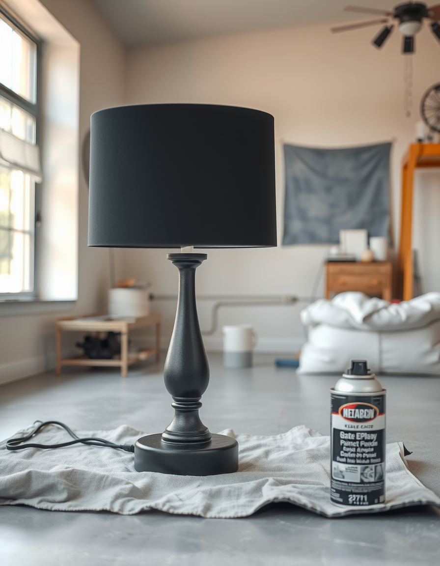 A lamp base freshly coated in matte black spray paint drying on a drop cloth, with the spray can nearby (AI-generated illustration).