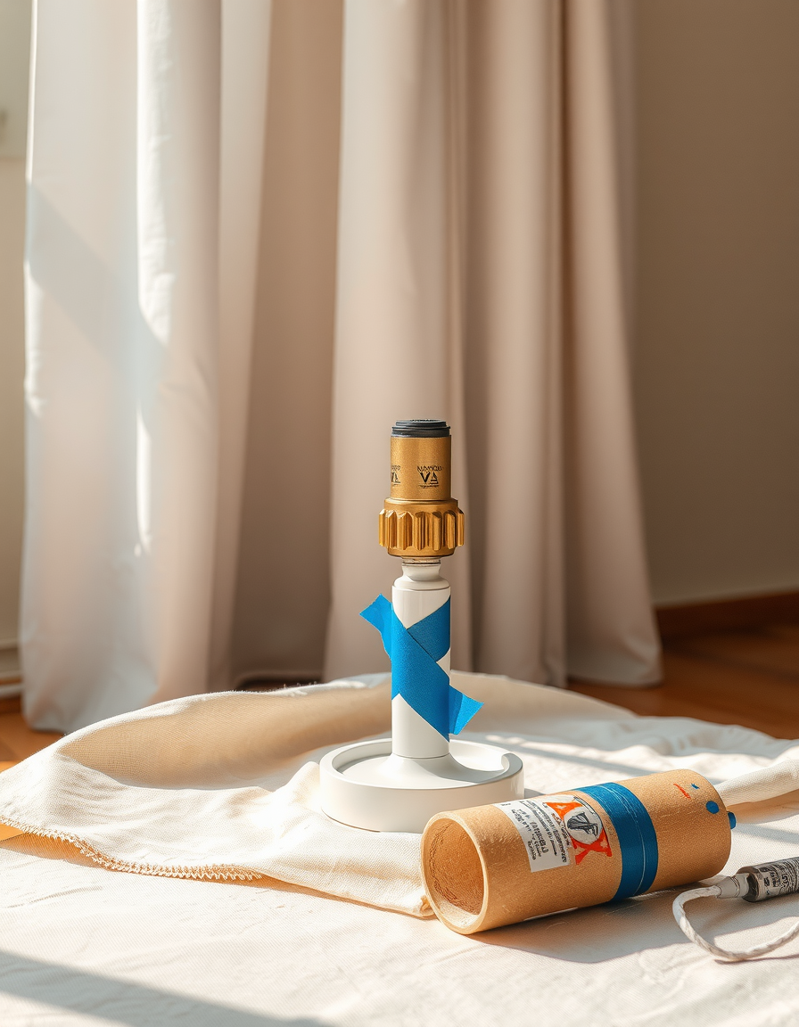A thrift-store lamp base with the shade removed and the cord and socket masked with painter's tape, ready for prep (AI-generated illustration).